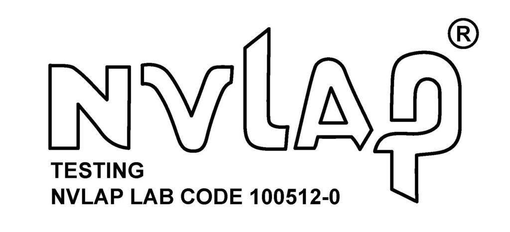 Text saying NVLAP with a registered trademark symbol, alongside the words TESTING and NVLAP LAB CODE 100512-0, in black on a white background, represents our distinguished identity as a radiation detection company.