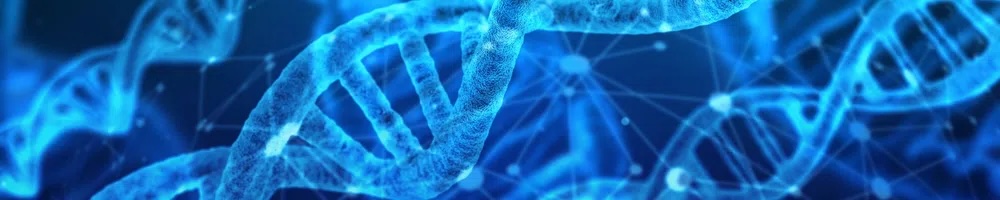 Iridescent blue DNA strands intermingle in a dark blue background.