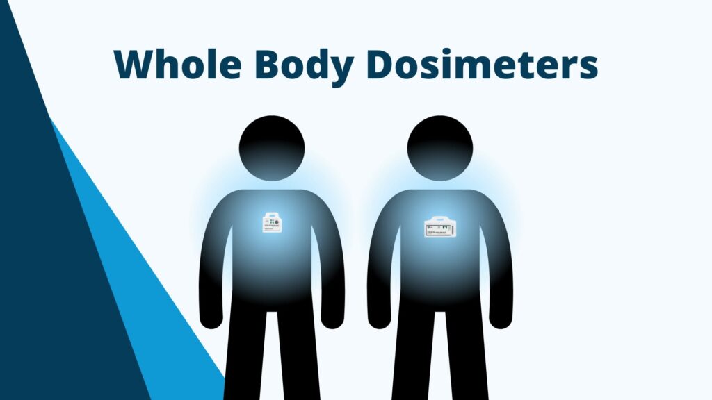 Two human figures, each wearing a TLD or OSL dosimeter, with light blue fade symbolizing radiation detection.