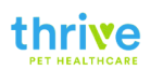 Logo for Thrive Pet Healthcare. The word thrive is in lowercase, with thri in blue and ve in green, featuring a green heart shape for the v. Pet Healthcare is written below in smaller blue letters.