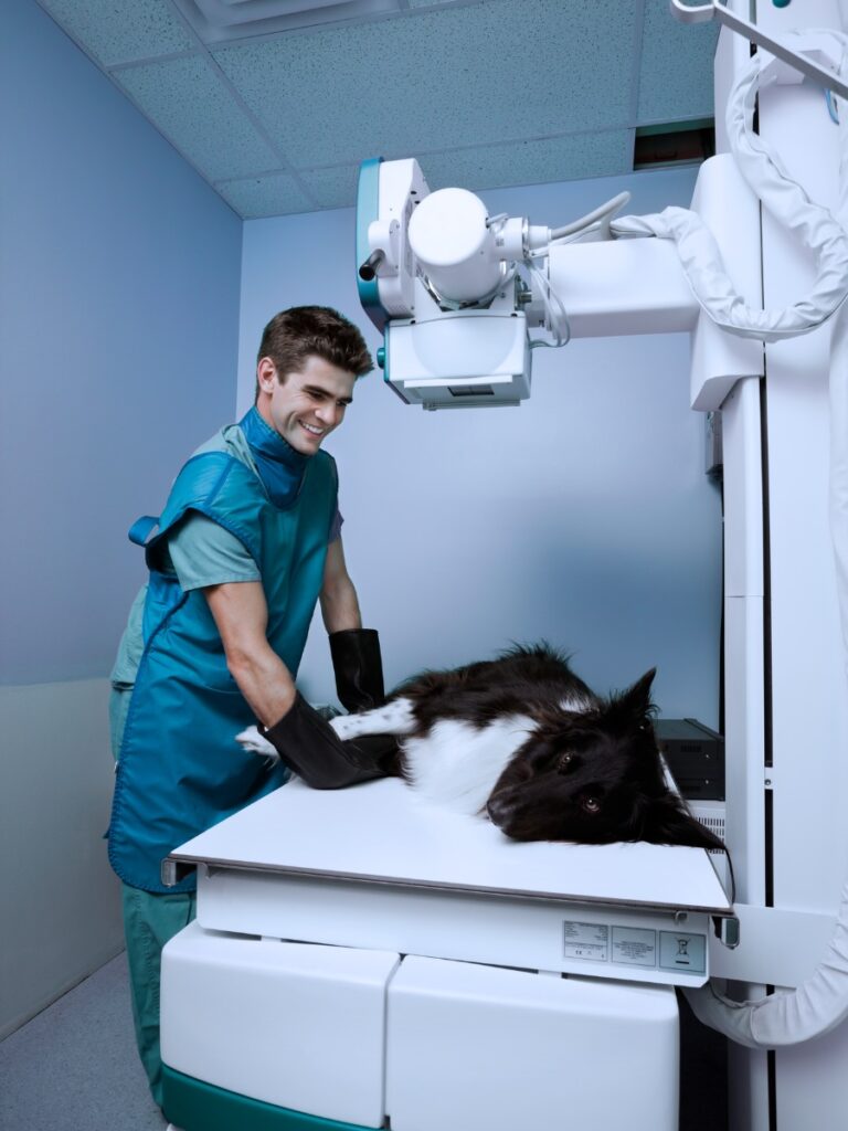 A veterinary tech holds a dog down during an imaging session.