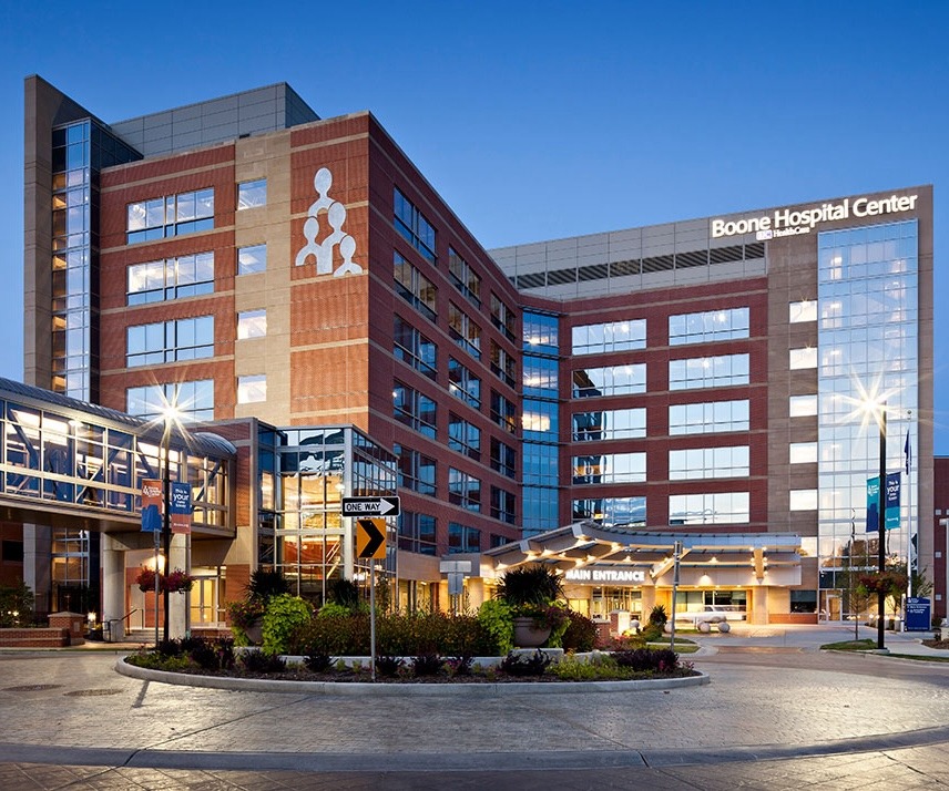 An exterior shot of Boone Hospital Center at sunset.