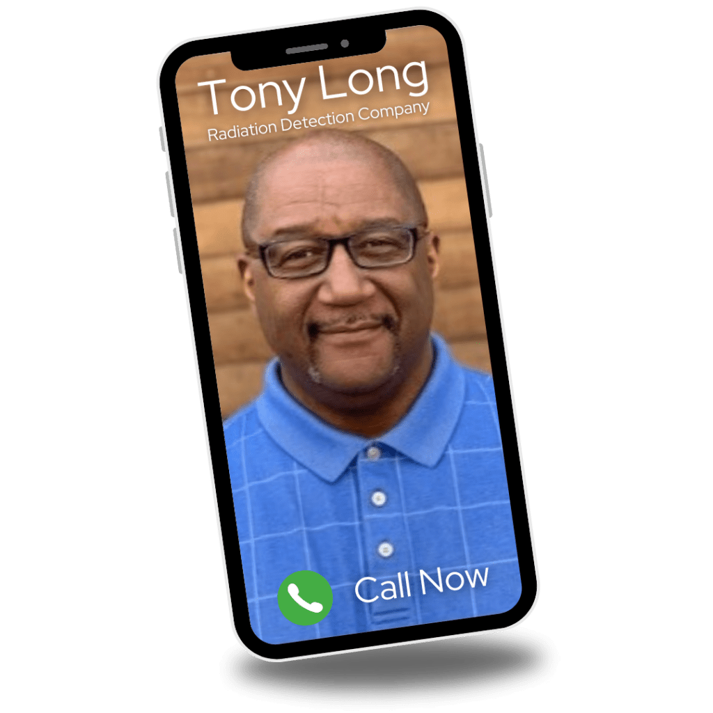 A smartphone screen displays an incoming call from Tony Long at UT Health Radiation Detection Company. The screen shows a middle-aged man wearing glasses and a blue shirt. A Call Now button sits invitingly at the bottom.