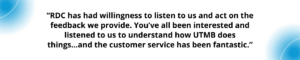 A quote from Dr. William Pate, Associate Vice President for Environmental Health & Safety at UTMB, about dosimetry service with RDC.