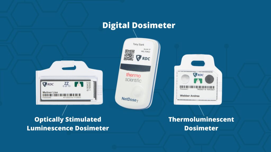 Three of the dosimetry badge options from Radiation Detection Company (TLD, digital, and OSL).