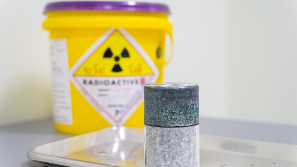 Radioactive isotopes stored in lead boxes for safety.