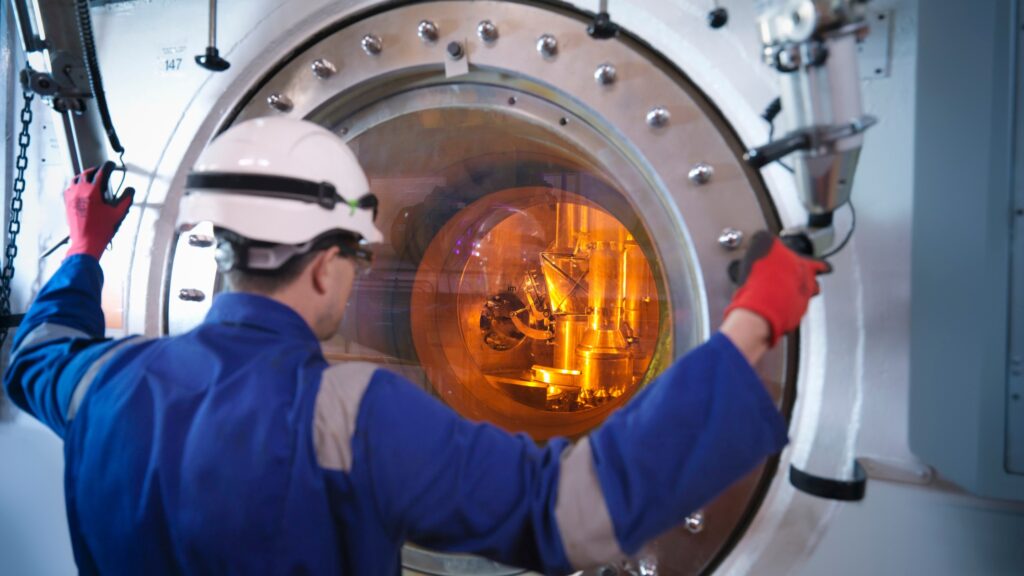 A nuclear energy employee shields himself using a fuel rod handling machine in nuclear power station.