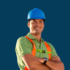 An energy worker smiles while wearing a blue hard hat and a hi-vis vest.