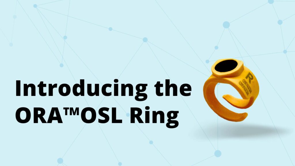 A yellow ORA OSL ring is displayed beside the text Introducing the ORA™OSL Ring on a light blue background with faint network-like lines and dots.
