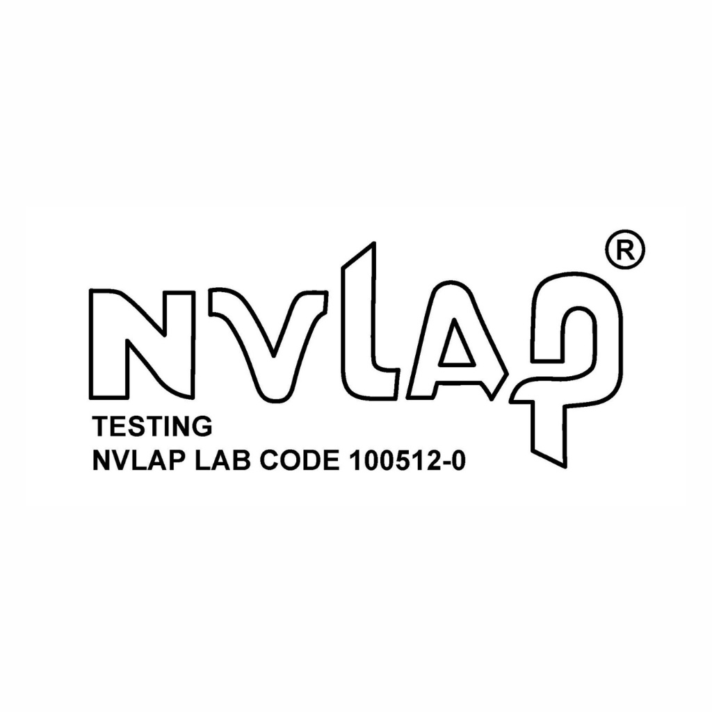 Black and white logo with the text “NVLAP” in stylized letters, “TESTING” below it, and “NVLAP LAB CODE 100512-0” beneath. A circled “R” for registered trademark appears in the top right corner.
