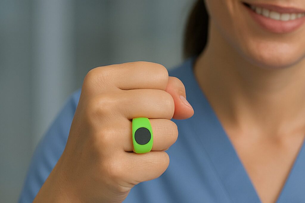 A person in blue scrubs smiles and shows an OSL ring with a green band and black circle on their finger, against a blurred background.