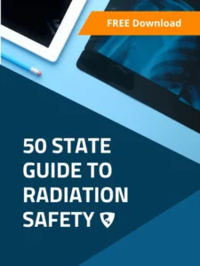 Cover image for a digital guide titled 50 State Guide to Radiation Safety. The top features tablets, a pencil, and an orange banner reading FREE Download. Blue background with white and blue text.