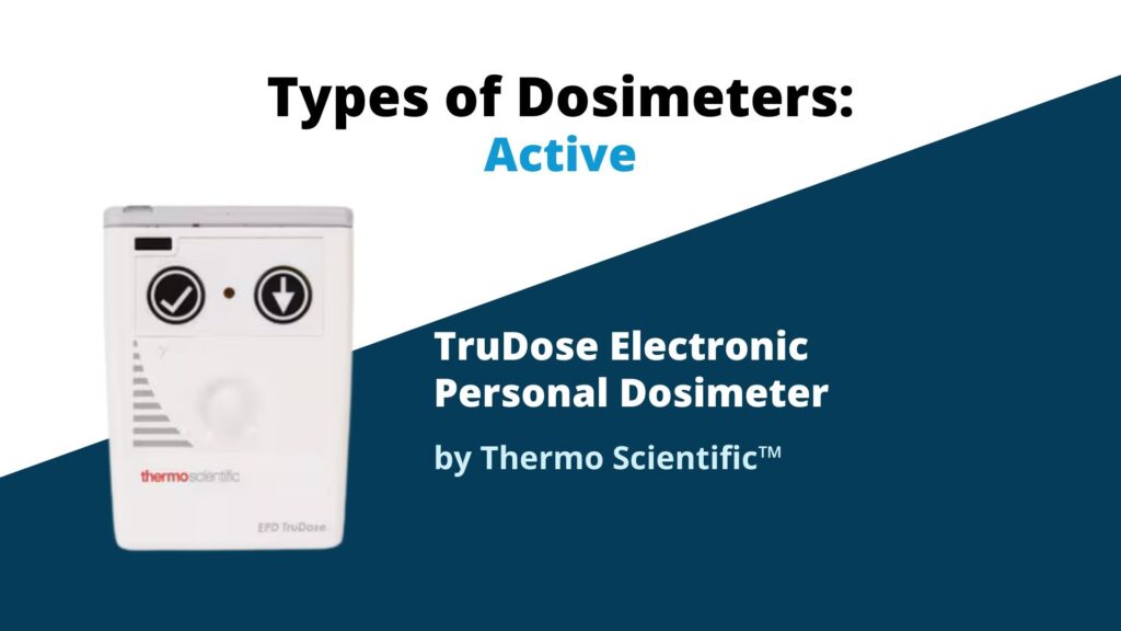 Title text on a white and dark blue background reads "Types of Dosimeters: Active" with TruDose Electronic Personal Dosimeter by Thermo Scientific™ featured below.