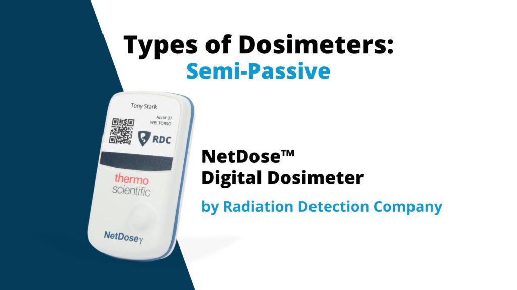 Title text on a white and dark blue background reads "Types of Dosimeters: Semi-Passive" with NetDose™ Digital Dosimeter by Radiation Detection Company featured below.