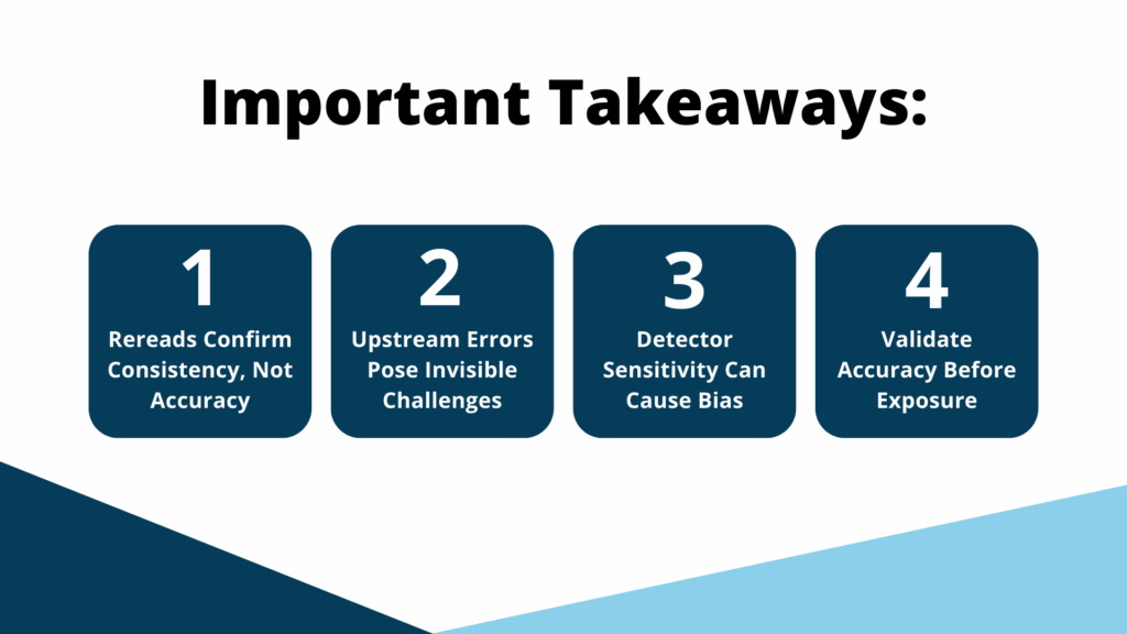 Important Takeaways: 1) Rereads confirm consistency, not accuracy. 2) Upstream errors pose invisible challenges. 3) Detector sensitivity can cause bias. 4) Validate accuracy before exposre.