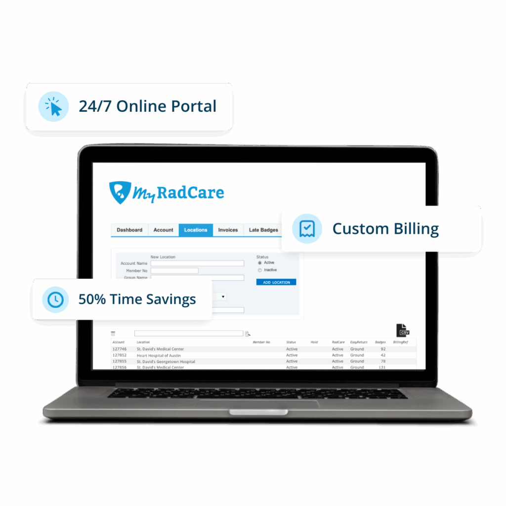 MyRadCare Customer Portal Image with 24/7 Online Portal, Custom Billing, and 50% Time Savings Calllouts
