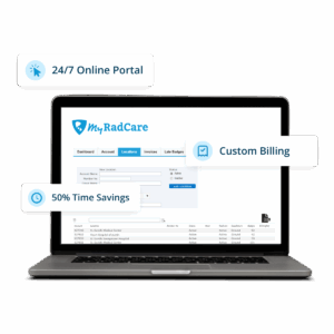 MyRadCare Customer Portal Image with 24/7 Online Portal, Custom Billing, and 50% Time Savings Calllouts
