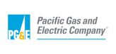 Logo of Pacific Gas and Electric Company. On the left, a blue square features a white triangle with PG&E in white and yellow letters. To the right, the company name is written in gray text.