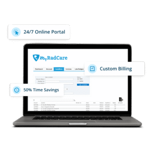 MyRadCare Customer Portal Image with 24/7 Online Portal, Custom Billing, and 50% Time Savings Calllouts