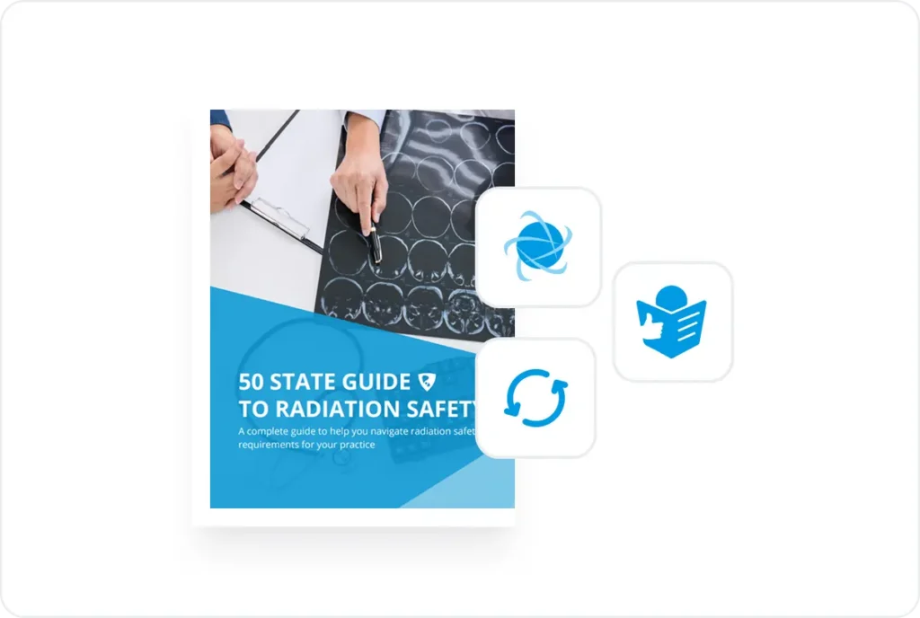 Illustration of an open guidebook highlighting state-by-state radiation safety requirements, plain-English explanations, and updated regulations.