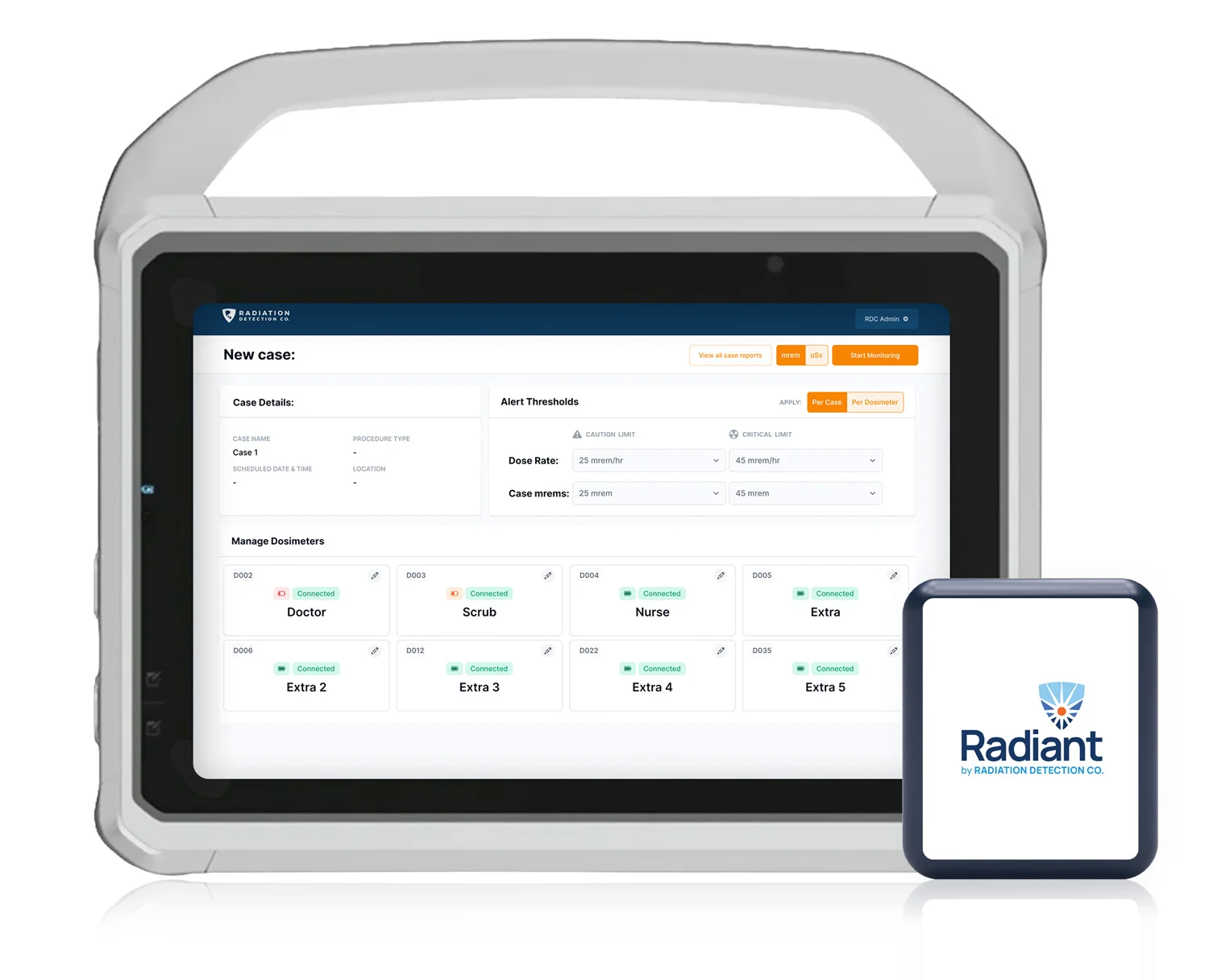 radiant dosimeter and tablet with screenshot of software