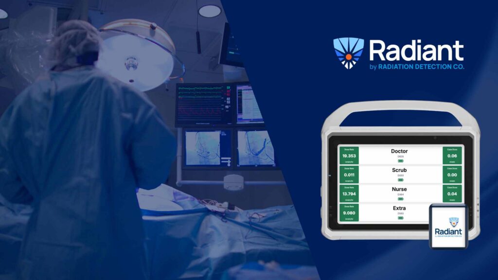 Radiant real-time dosimetry system positioned next to an image of a surgeon operating in the cath lab with a dark blue overlay.