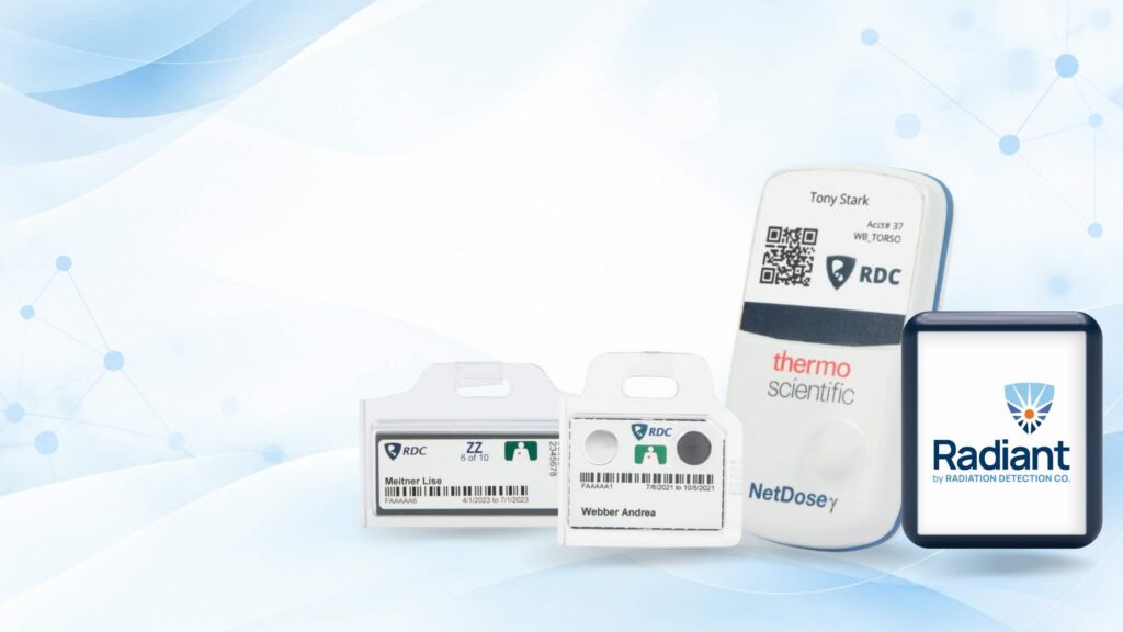 OSL and TLD passive dosimeters with NetDose and Radiant on a light blue background.