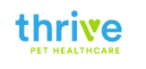 Logo for Thrive Pet Healthcare. The word thrive is in lowercase, with thri in blue and ve in green, featuring a green heart shape for the v. Pet Healthcare is written below in smaller blue letters.