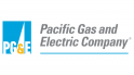 Logo of Pacific Gas and Electric Company. On the left, a blue square features a white triangle with PG&E in white and yellow letters. To the right, the company name is written in gray text.